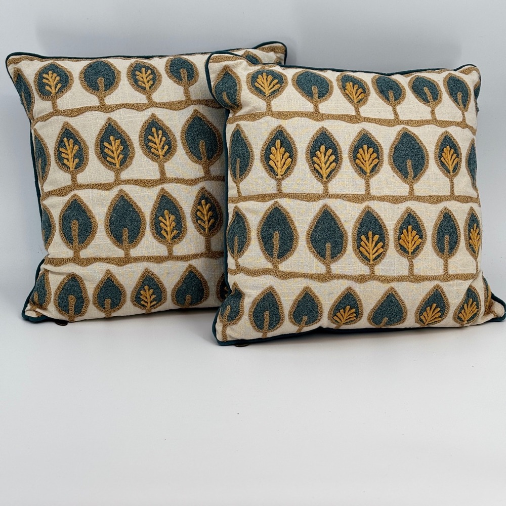 Pier 1 Throw Pillows Unisex 16x16 Teal Cream Embroidered Leaf Set of 2